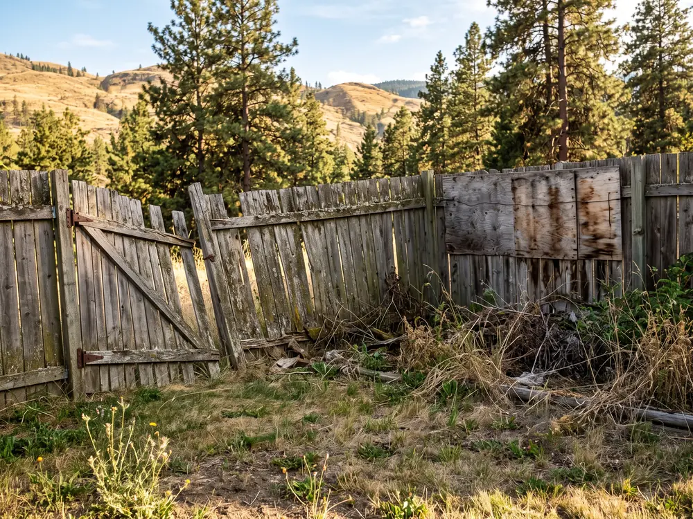 Old rotting wooden fence with broken boards and weeds