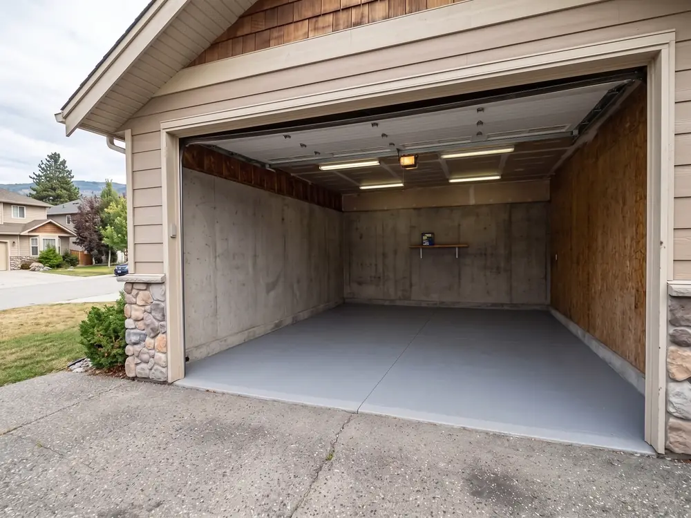 The same garage completely empty and swept clean