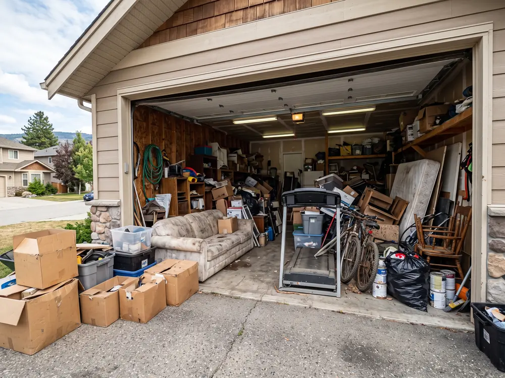 Garage packed with boxes, an old couch, a treadmill and junk