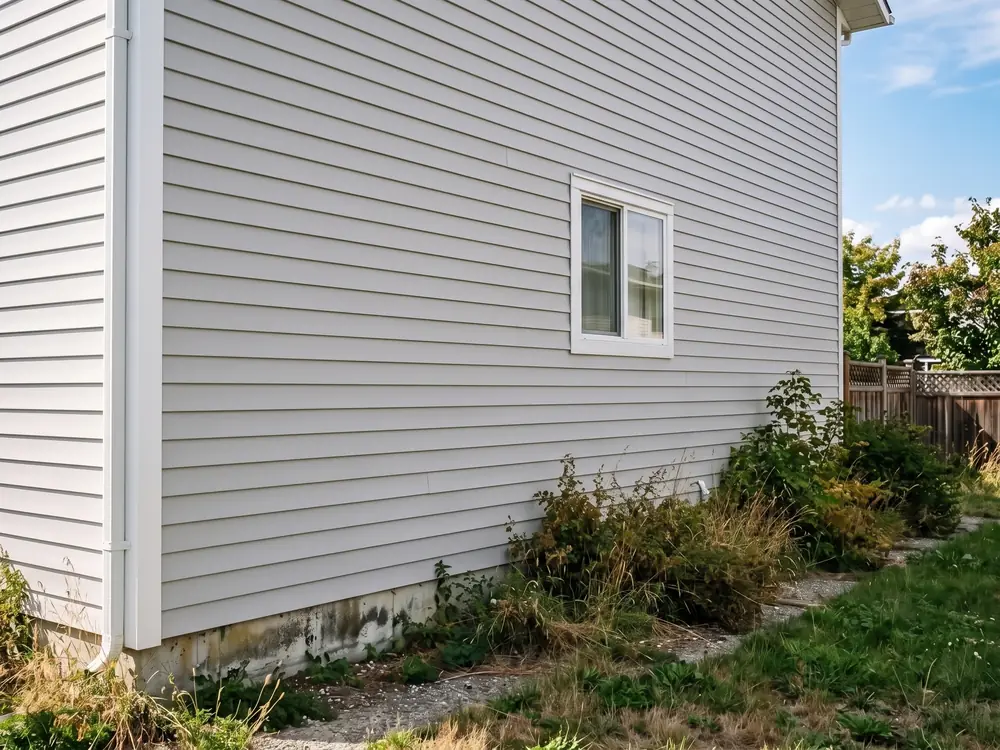 The same wall with new light grey siding and white trim