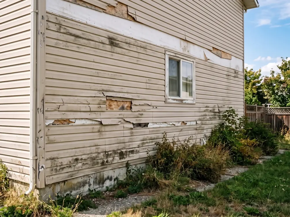 House wall with cracked, missing and stained beige siding