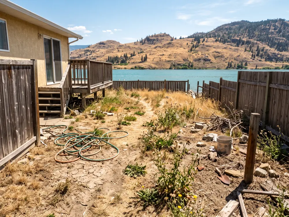 Dead brown lawn with bare dirt and weeds behind a lakeside home