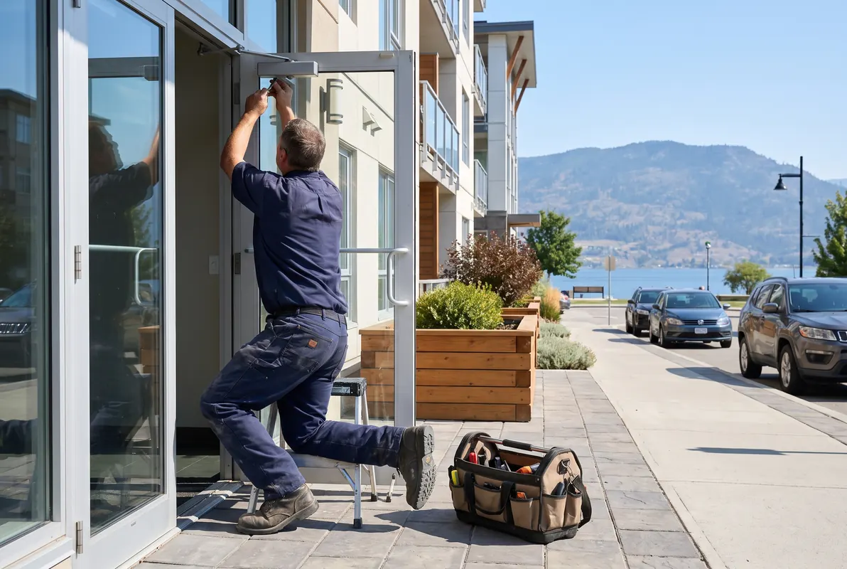 Handyman adjusting the door closer at a downtown Kelowna condo building entrance