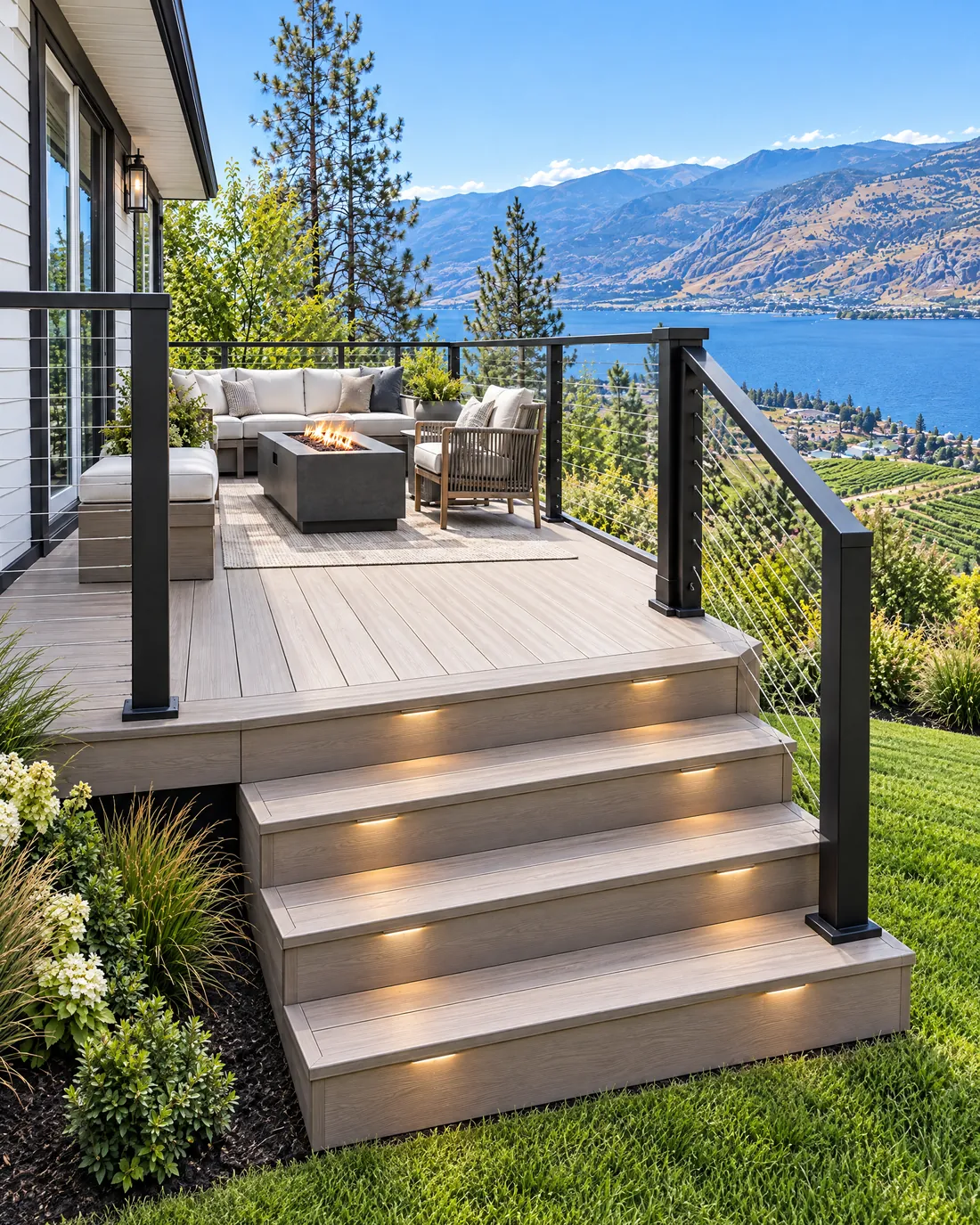 Rebuilt deck with composite boards, black cable railing and lit stairs overlooking Okanagan Lake