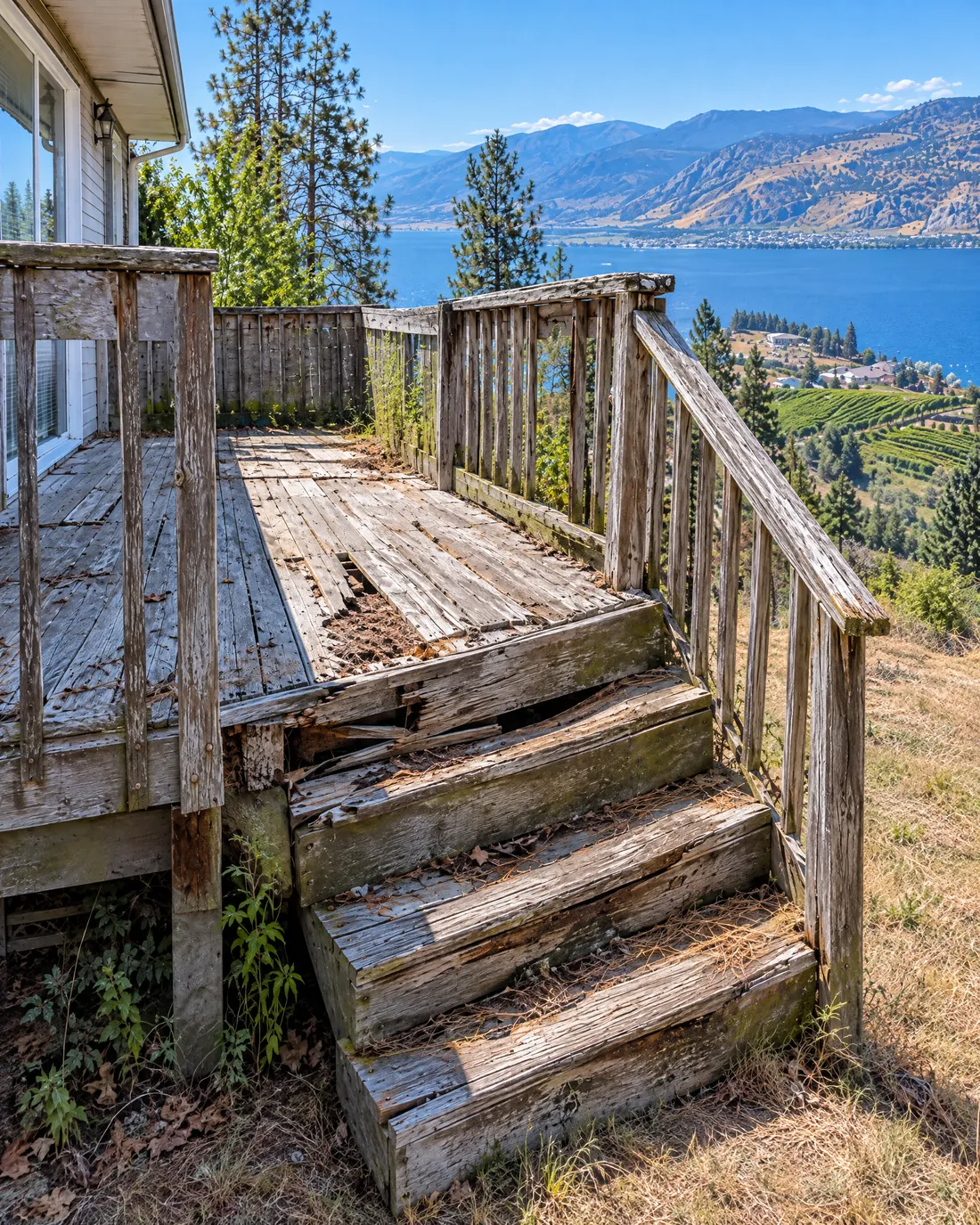 The same deck before: weathered, broken boards and rotting stairs